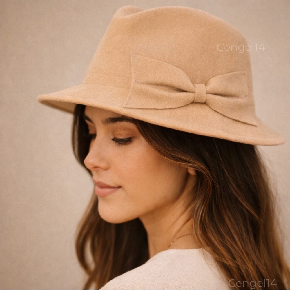 World Market Camel Tan Felt Fedora Hat Bow Asymmetrical Brim NWOT
